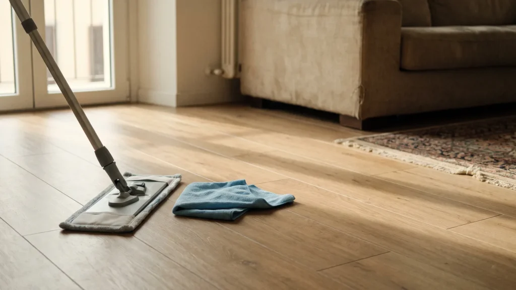 Pavimento in gres effetto legno a listoni in un soggiorno luminoso, con luce radente dalla finestra, mop piatto in microfibra e panno azzurro