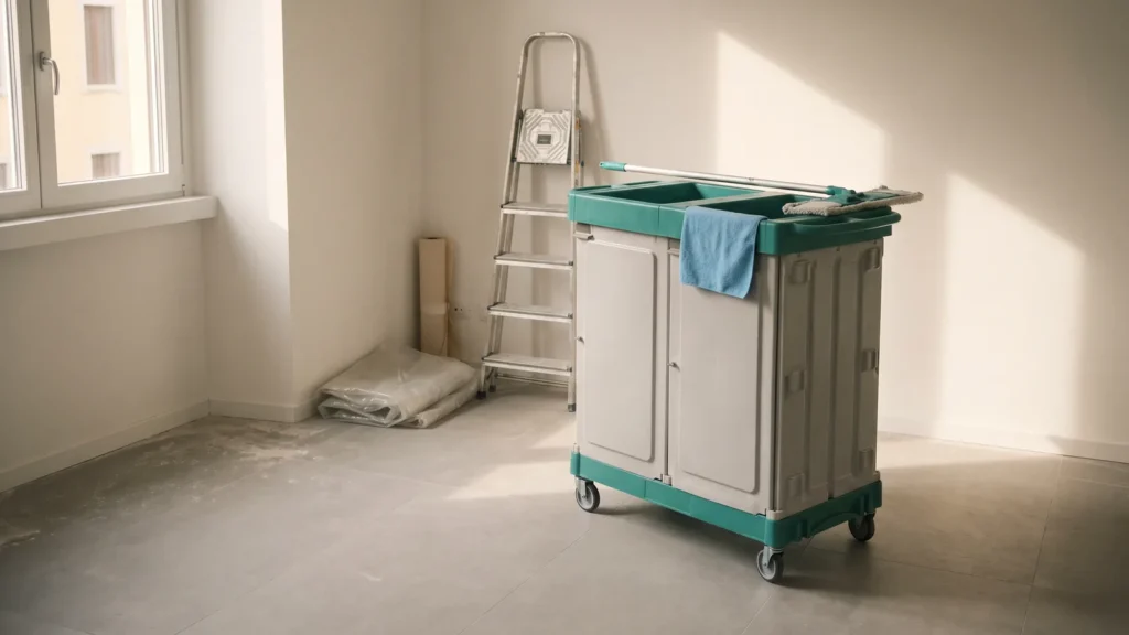 Stanza appena ristrutturata con teli di protezione e carrello professionale per la pulizia di fine cantiere