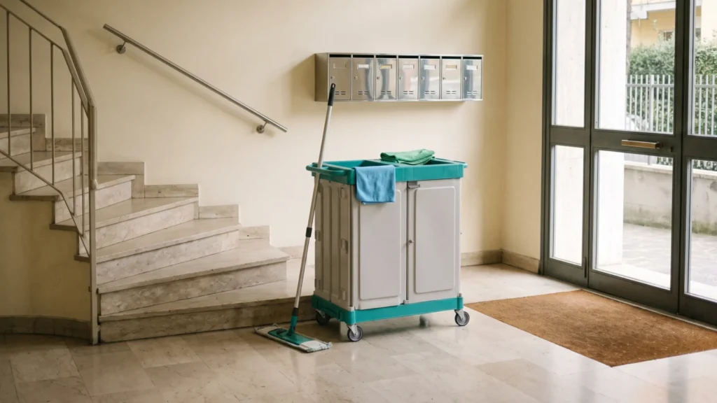 Androne di un condominio con scala in marmo e carrello professionale delle pulizie con mop piatto