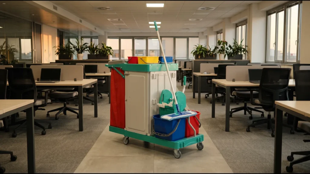 Ufficio open space la sera con carrello professionale per le pulizie a doppio secchio e mop piatto in microfibra blu tra le postazioni