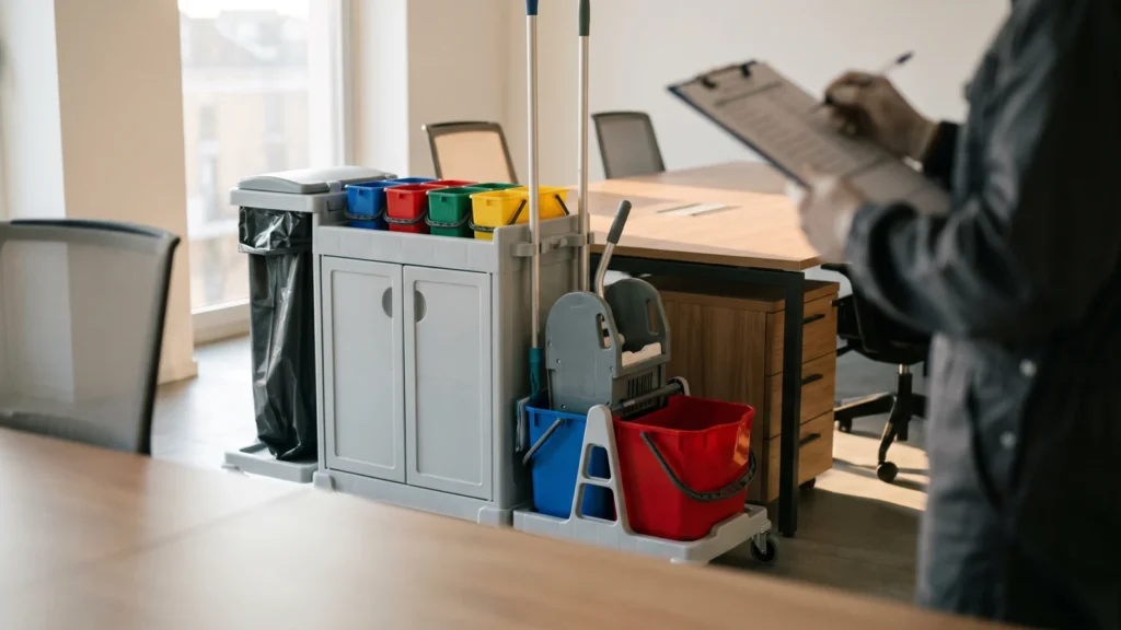 Carrello professionale delle pulizie con secchielli colorati e doppio secchio con strizzatore in un ufficio, operatore con checklist