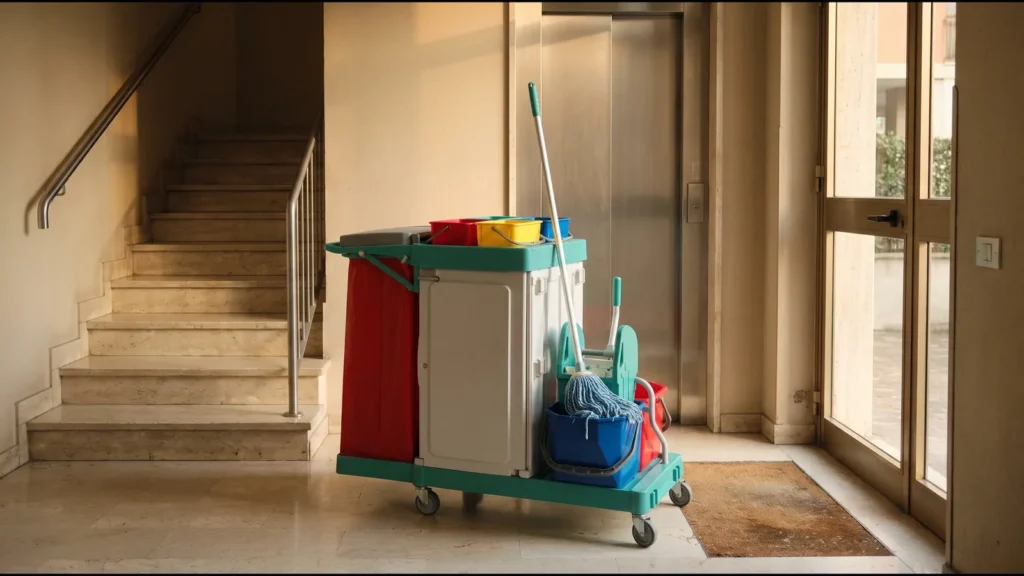 Pianerottolo di un condominio milanese con scala in pietra e carrello professionale per le pulizie con doppio secchio e mop in microfibra blu