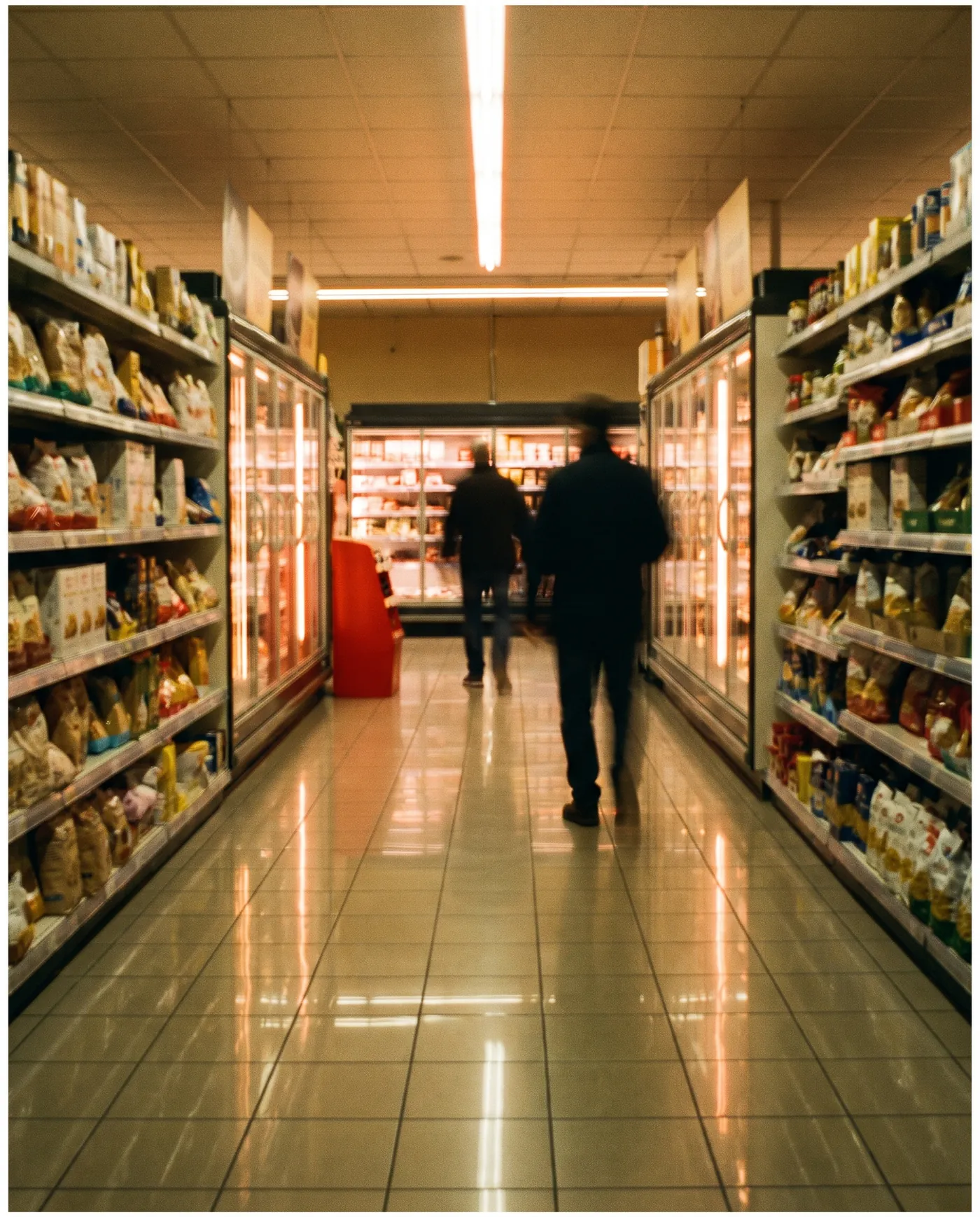 Corsia di supermercato la sera con pavimento pulito e lucido