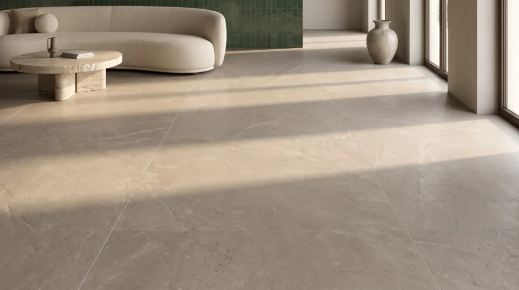 Soggiorno con pavimento in gres porcellanato effetto pietra in lastre 120x120, luce del pomeriggio dalla finestra