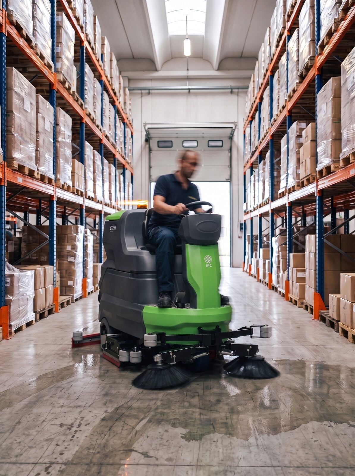 Lavasciuga pavimenti uomo a bordo con operatore in una corsia di magazzino logistico