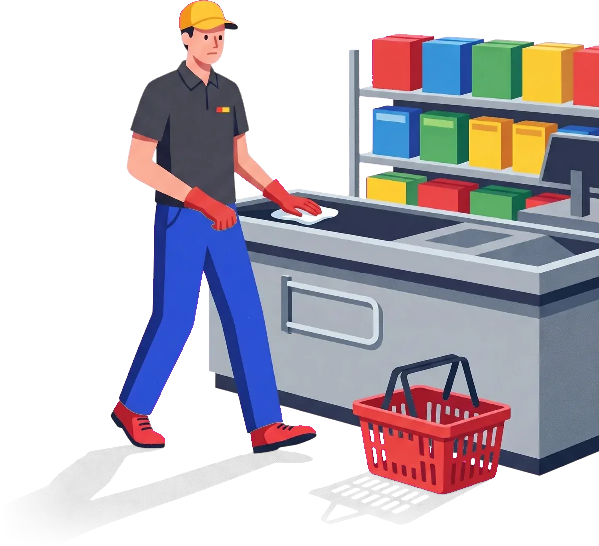 Illustrazione: operatore Impresa San Pietro che pulisce una cassa del supermercato