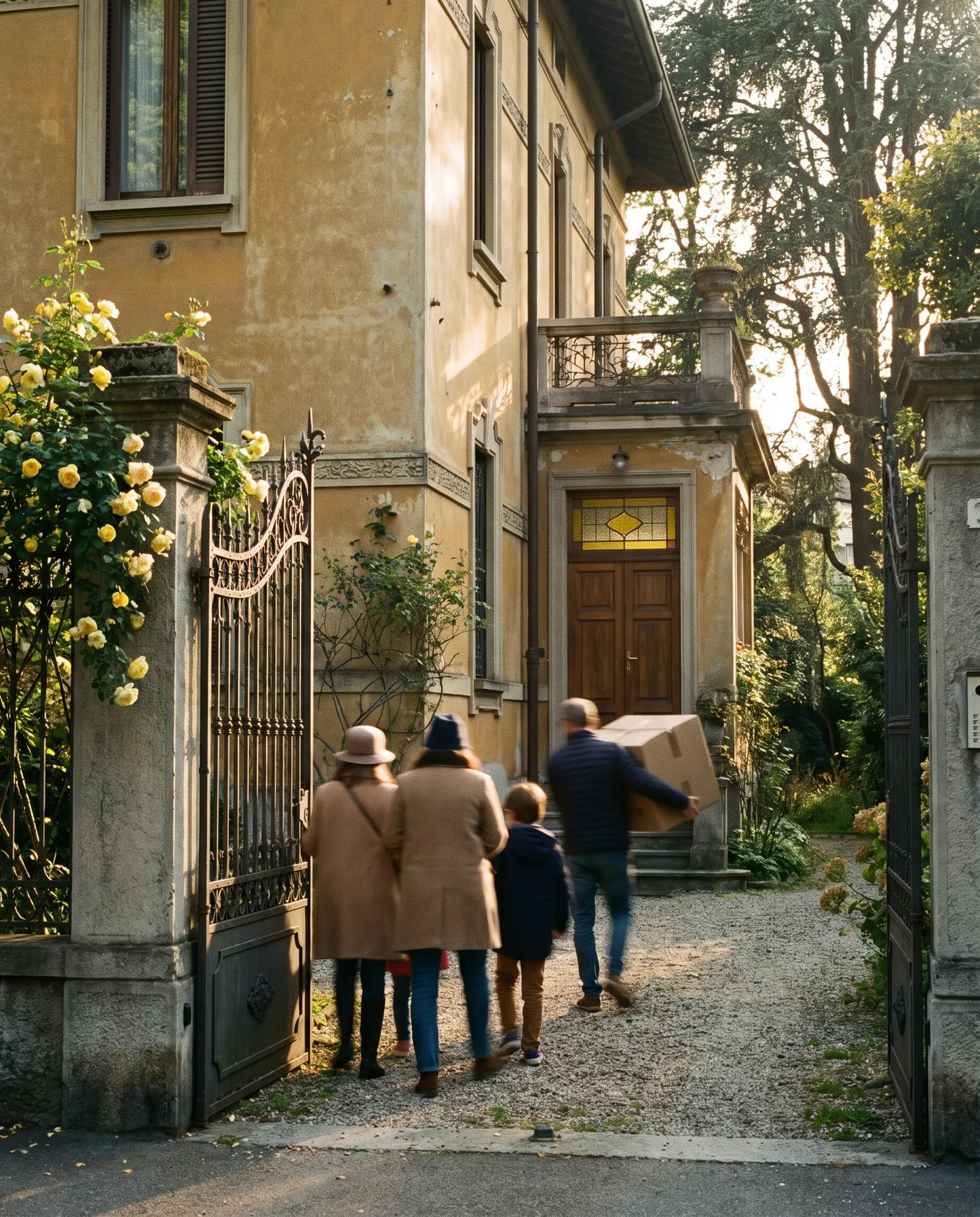 Villa milanese in stile Liberty con giardino, una famiglia di spalle entra dal cancello con uno scatolone