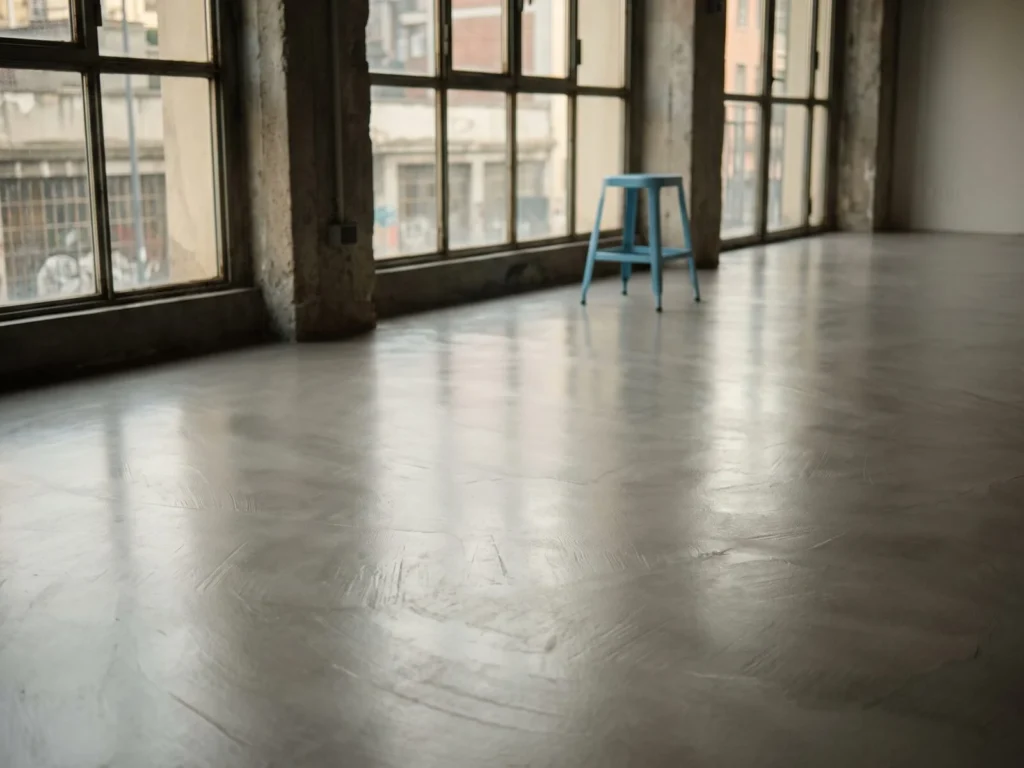 Pavimento continuo in microcemento grigio in uno showroom ricavato in un ex capannone