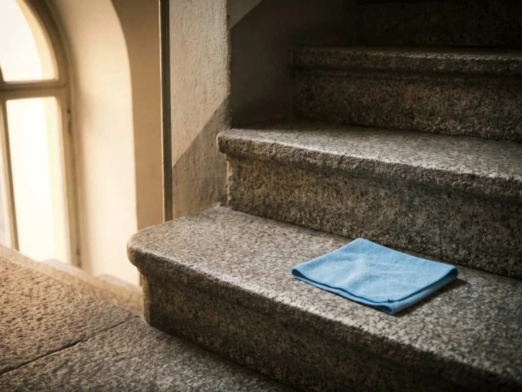 Scala condominiale in granito grigio con un panno in microfibra azzurro su un gradino