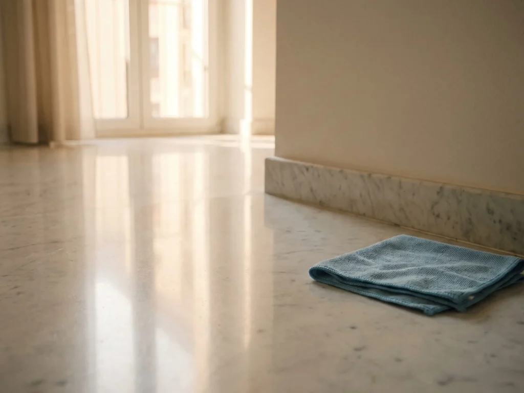 Pavimento in marmo bianco venato appena lucidato in un appartamento di Milano