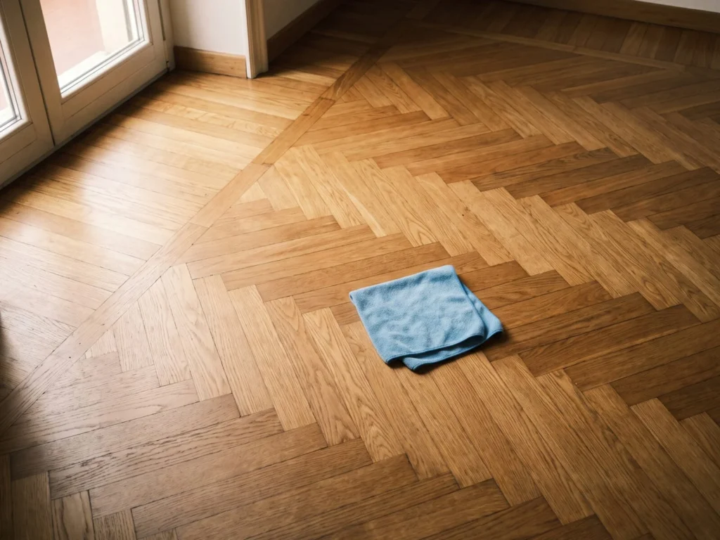 Parquet di rovere a spina di pesce con finitura naturale in un appartamento milanese