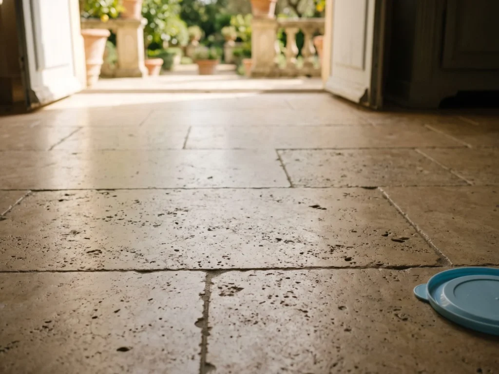 Pavimento in travertino levigato all'ingresso di una villa, con la porta aperta sul giardino