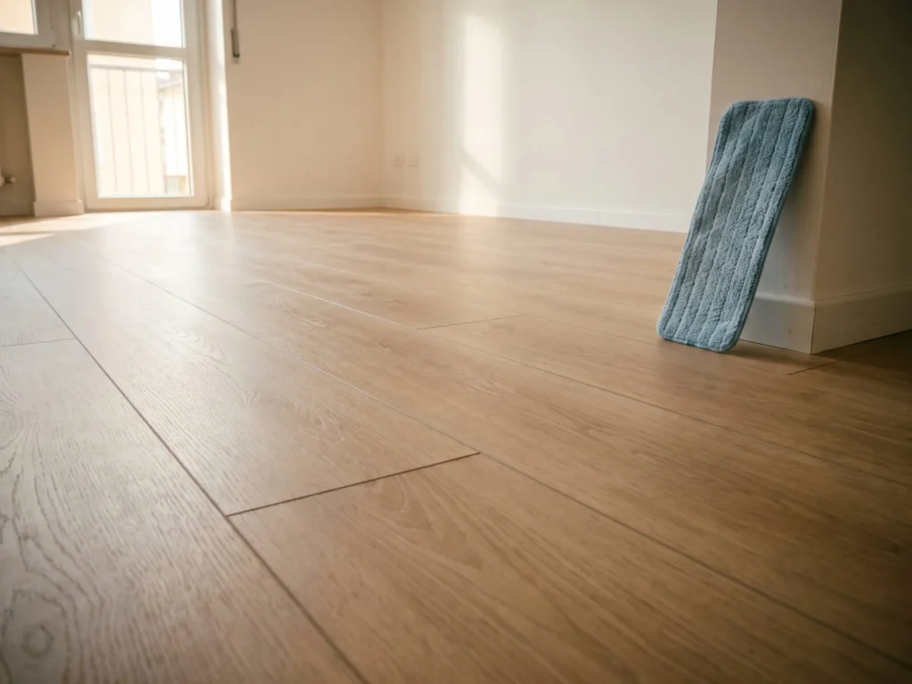 Pavimento in SPC effetto rovere chiaro appena posato in un soggiorno luminoso