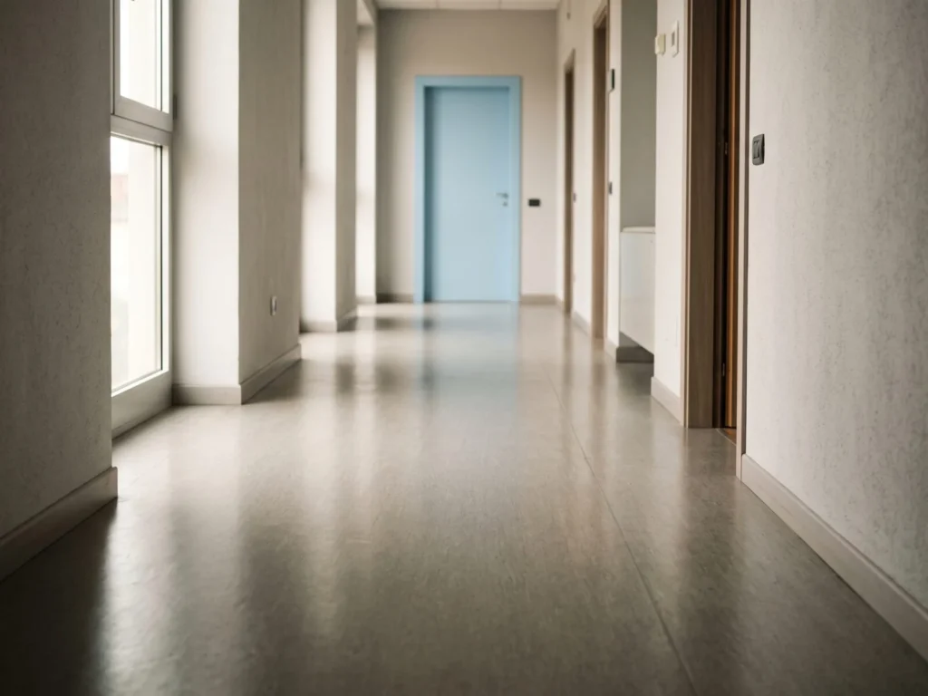 Corridoio di uffici con pavimento in PVC e linoleum grigio chiaro e satinato